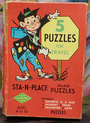 Vintage 1946 Built Rite Sta-N-Place Jigsaw Puzzle With 5 Puzzles