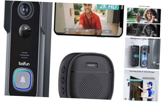 Wireless Doorbell Camera with Chime - 166° Wide Angle View, 2K HD Video, Black-image