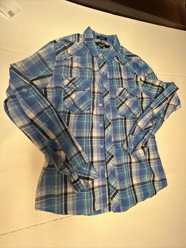 Carbon Slim Fit Button Up Pearl Snap Shirt Pockets Men’s MED Blue Plaid