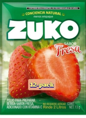 12-Pk ZUKO Fresa  / Strawberry ZUKO Powder Drink Flavor 13g/.4oz STRAWBERRY   