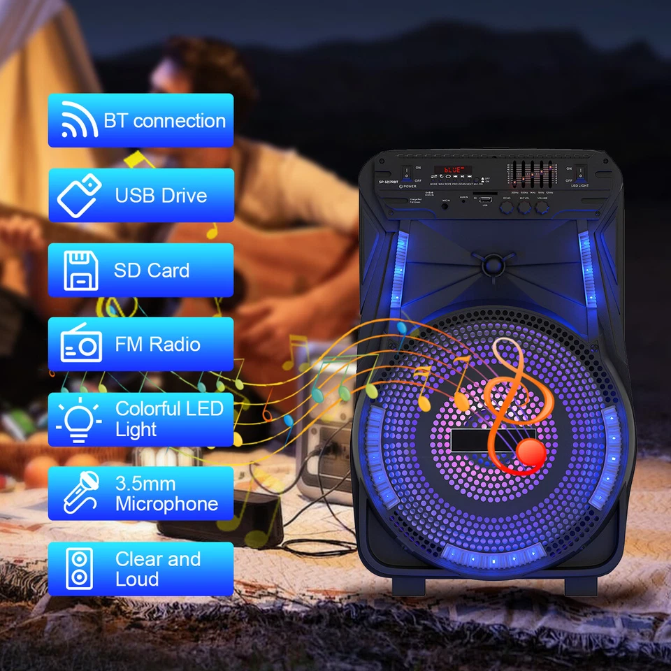 Portable Bluetooth Speaker w/ Mic LED Party Light 12in Subwoofer PA Sound System - Image 2 of 4