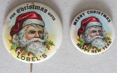 2 VINTAGE SANTA CLAUS CELLULOID ADVERTISING/MERRY CHRISTMAS~PIN PINBACK ...
