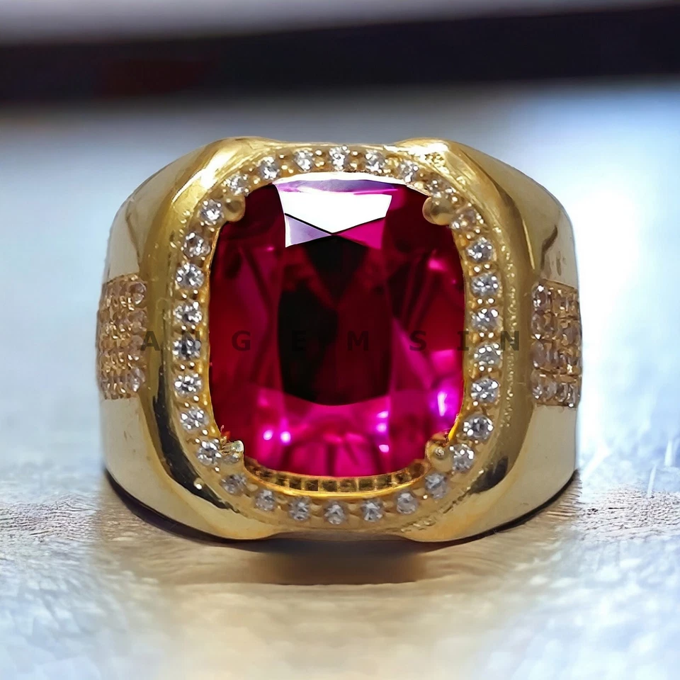 Piedras preciosas de rubí con anillo enchapado en oro de plata de ley 925 para hombre #BL36 Foto 3 de 4