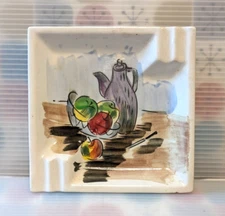Mid Century Vintage Hand Painted Kitchen Scene Square Ceramic 7" Ashtray Dish