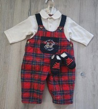 Baby Boys Red Multi Plaid Holiday Overall Set Christmas Size 4-6 Months Vintage