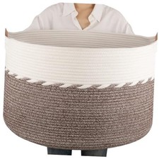 90L Blanket Basket for Living Room, Large Basket 23" x 23" x 13" Brown  White