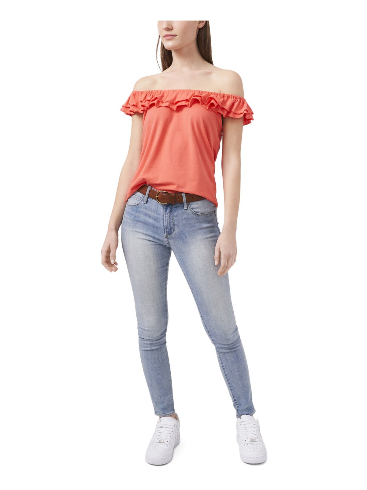 RILEY&RAE Womens Coral Ruffled Flutter Sleeve Off Shoulder Top XS Stretch Fit