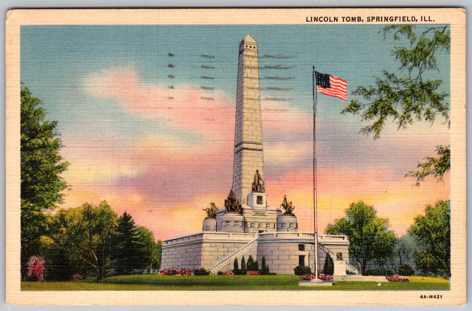 Vtg Linen Postcard Lincoln Tomb Obelisk Springfield, IL 1930s