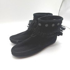 Minnetonka Moccasin Ankle Boots Womens 8 Black Double Fringe Concho Suede Zip