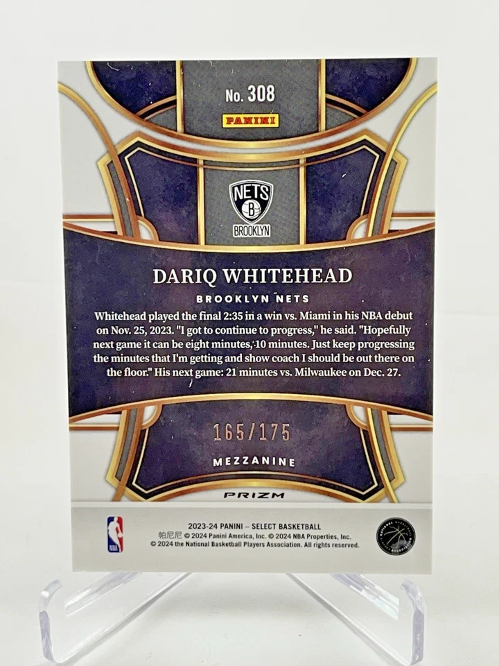 2023-24 Panini Select #308 Dariq Whitehead Purple Flash Prizm Mezzanine 165/175 - Image 2 of 2
