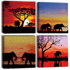 4 Pieces Wall Art Canvas Prints - Sunset with African Elephants Picture Paint...