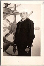 Vintage 1940s WWII Military Photo RPPC Postcard Young Sailor in Uniform / Studio