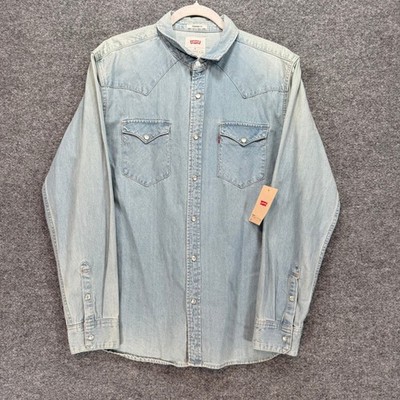 Levis Western Shirt Mens Medium Light Wash Pearl Snap Denim Cowboy Casual NEW