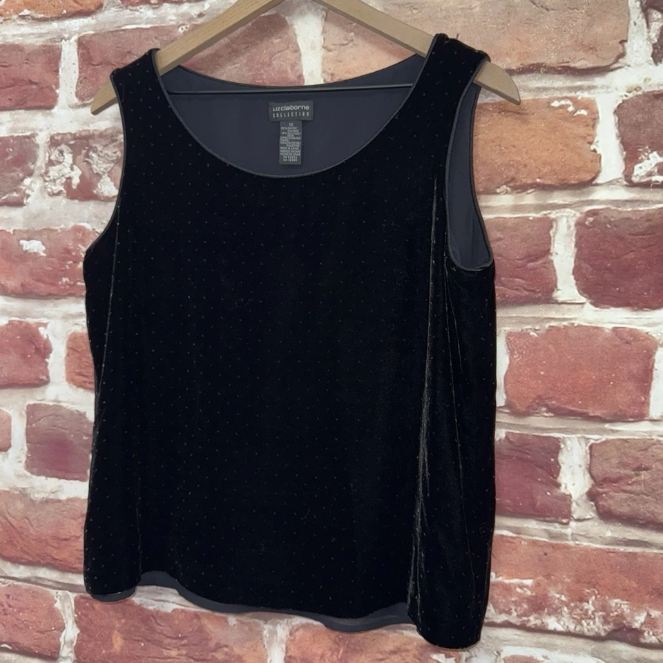 Camiseta sin mangas Liz Claiborne de colección para mujer 12 negra a lunares mezcla de seda terciopelo Foto 3 de 4