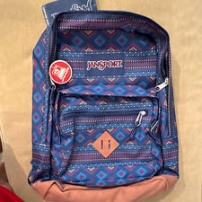 JanSport Blue Geometric Backpack w/ Padded Straps, Brown Bottom, Zip Closure