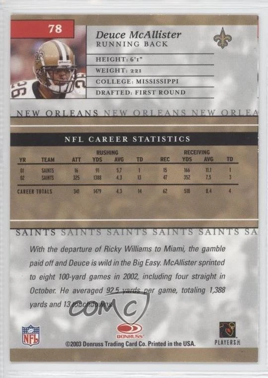 2003 Donruss Elite Deuce McAllister #78 - Image 2 of 2