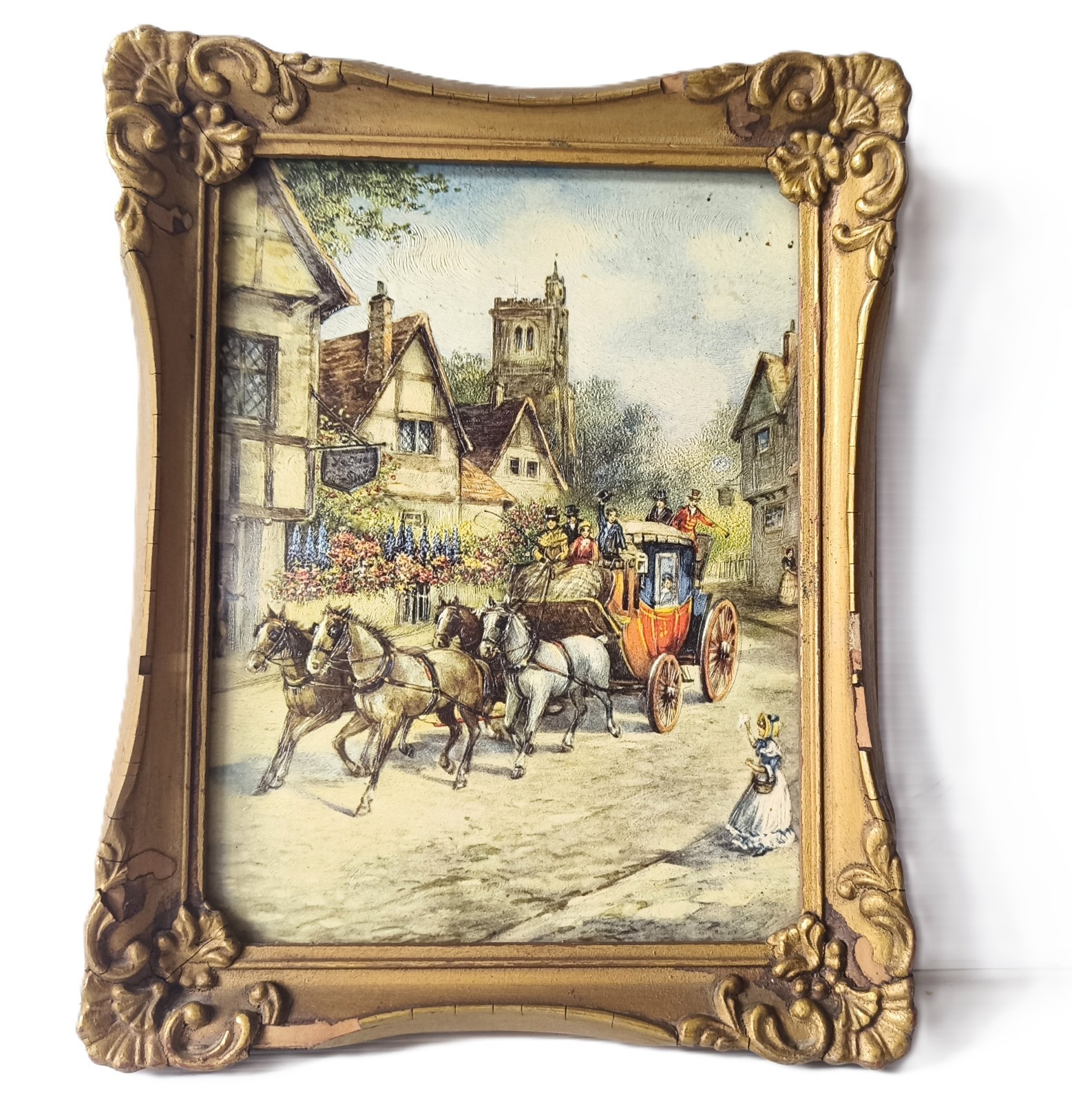 Ornate Art Relief Print Victorian Coaching Scene Gilt Frame 19cm Vintage Art