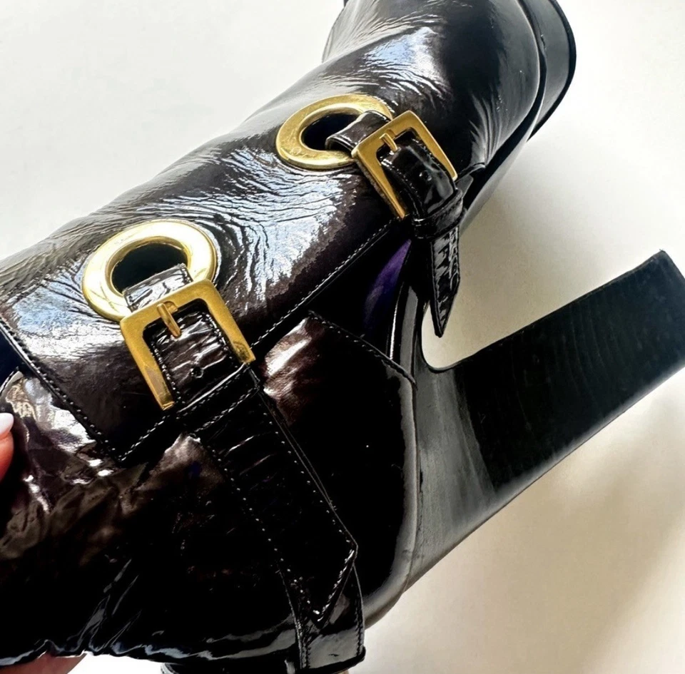 Sergio Rossi Crinkle PatentLeather Open-toe BootiesGolden Statement Buckles 38 - Image 4 of 4