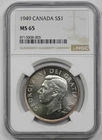 1949 Canada 1 Silver Dollar NGC MS 65 King George VI John Cabot Matthew Ship