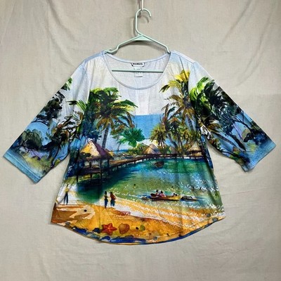 Bon Worth Tropical Beach Scene Top Women s Petite L Rhinestone Embellished NWT