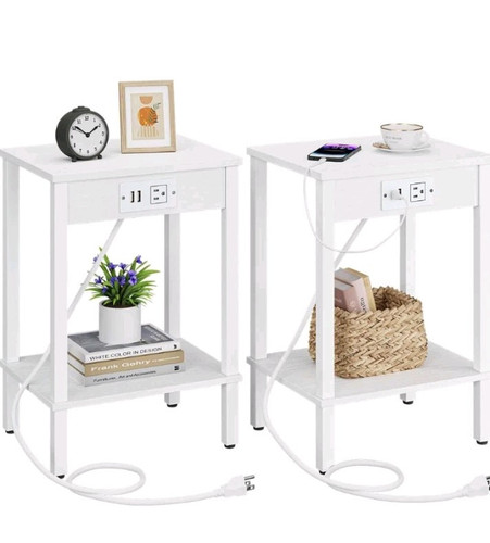 Vimber Set of 2 End Table with Charging Station Narrow Side Table w/ USB Ports