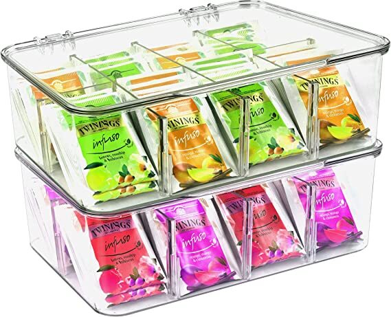 Tea Bag Organizer Stackable Storage with Top Lid and Partitions