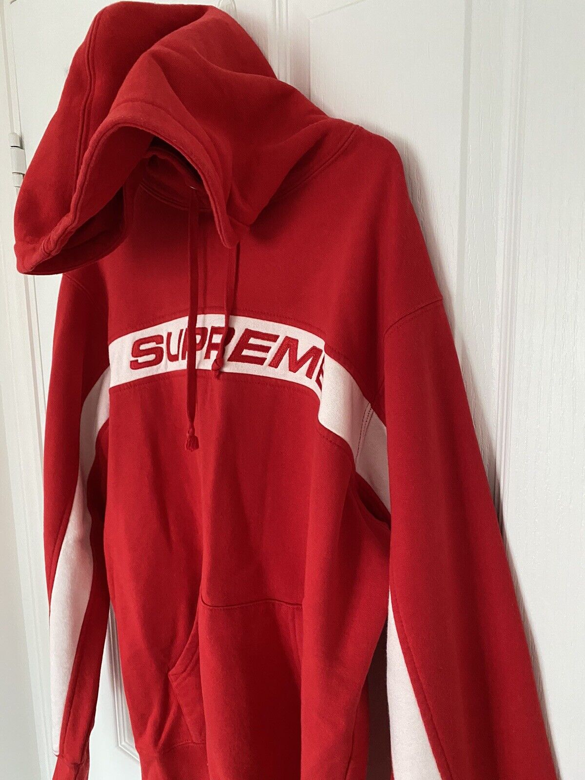 Supreme Hoodie Red Size Large Excellent Condition Rare White Stripe Sleeves