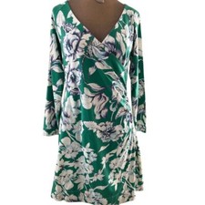 VTG Floral Wrap Dress Green White Long Sleeve V-Neck Spring Summer Cocktail