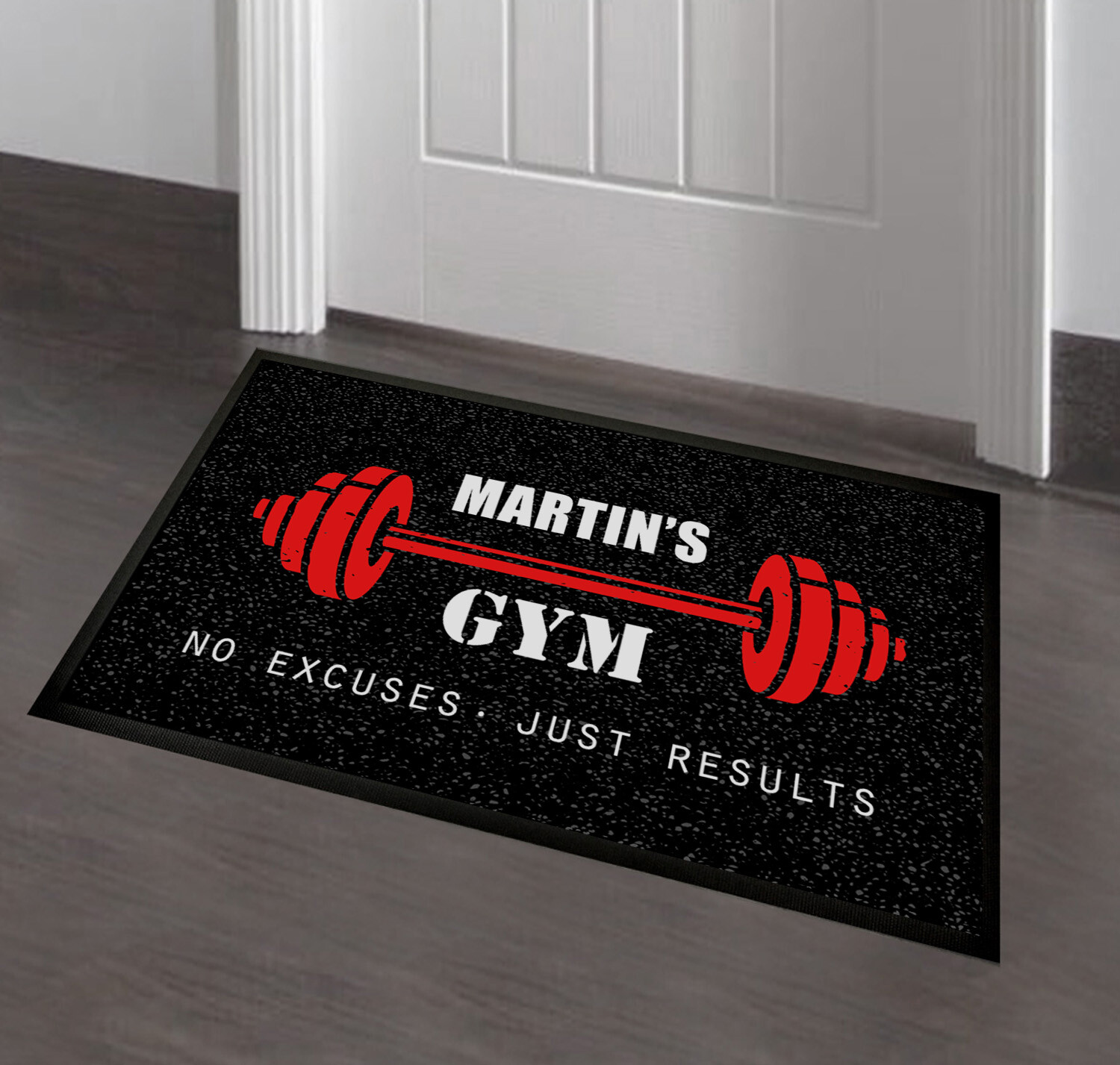 Personalised Gym Door mat, Red dumbells home gym Door mat 60 x 40 cm