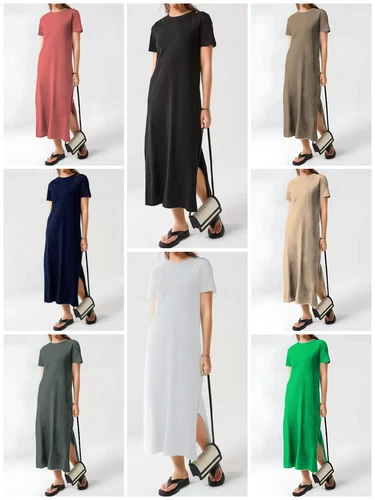 LADIES WOMENS ROUND NECK DOUBLE SIDE SPLIT HEM MAXI LONG DRESS UK 8-26
