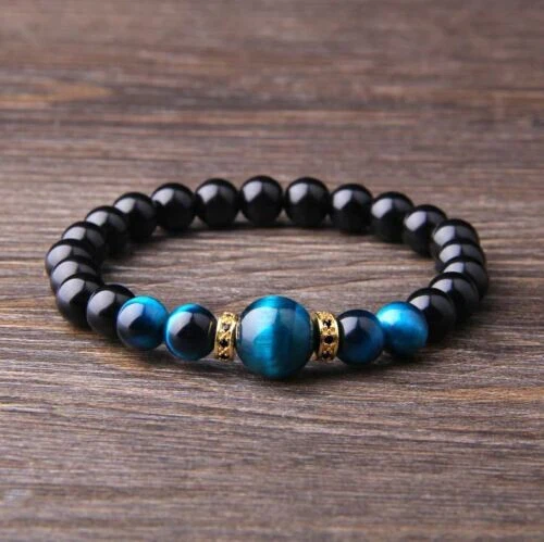 Bracelet perle oeil de tigre bleu Johnny Hallyday "Rester Vivant" doré - 23 cm - Photo 2/3