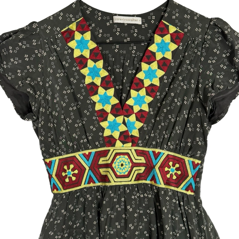 Vestido Anthropologie Corey Lynn Calter Seda Talla 0 Azteca Boho Tribal Bordado Foto 3 de 4