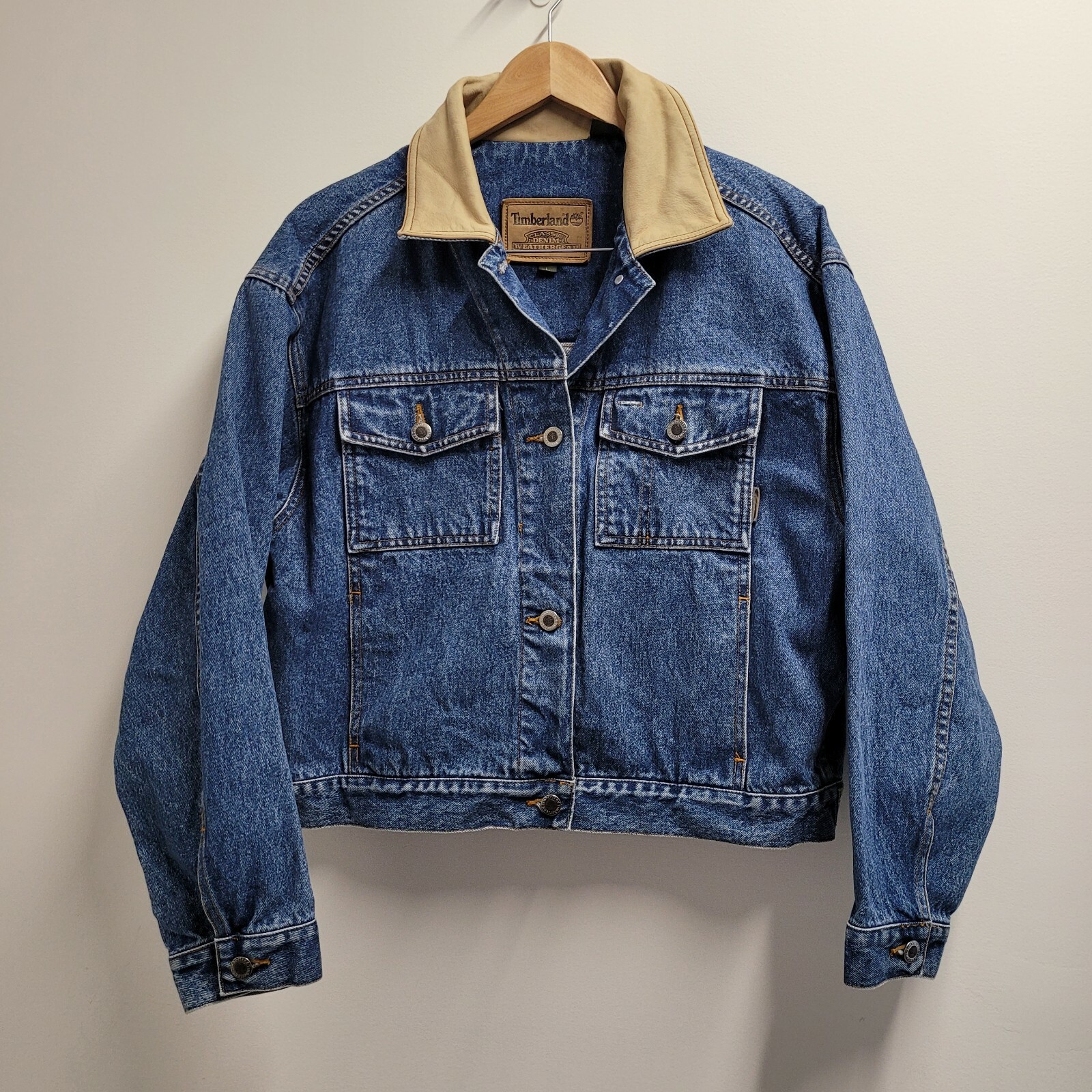Denim Jean Jacket Blue Leather Collar 