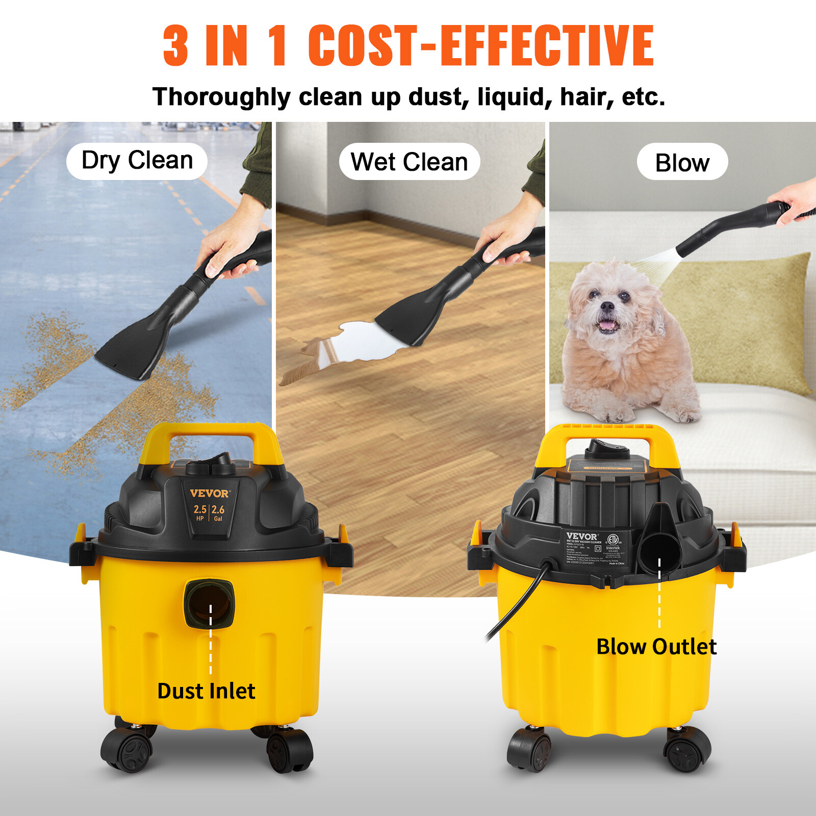 Portable Wet Dry Vac Vacuum Cleaner 2.6 Gallon 2.5 Peak HP 3in1