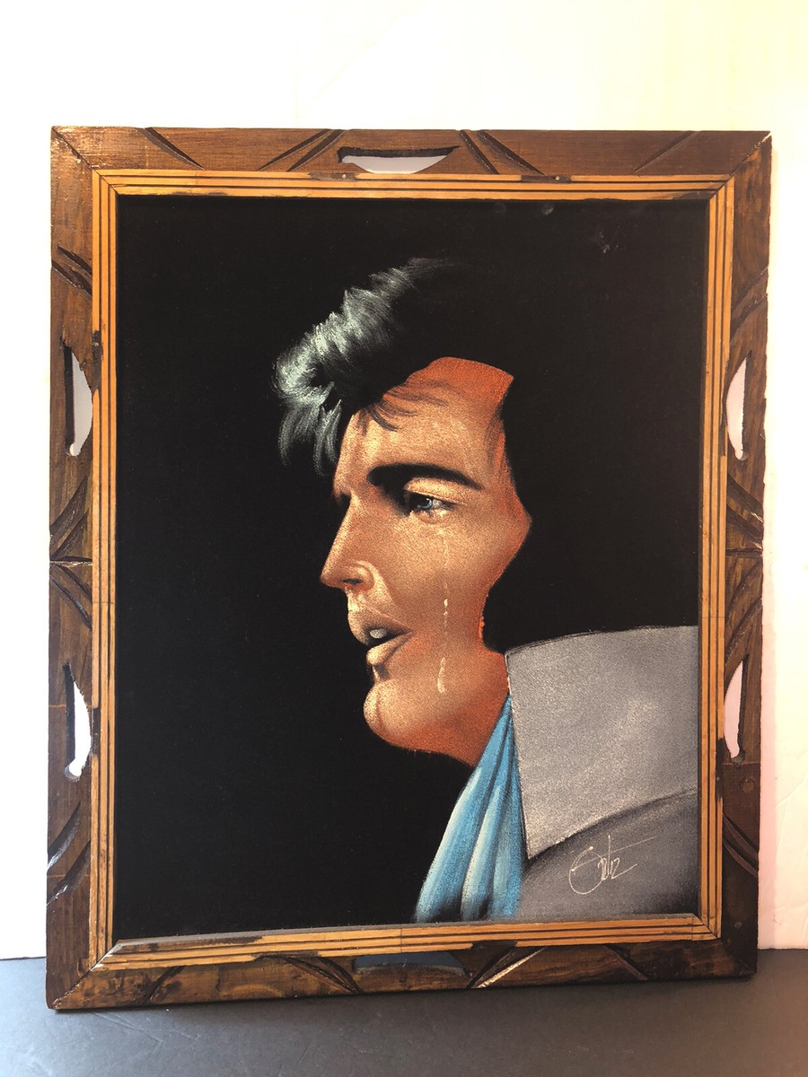 VTG Crying Black Velvet Elvis Presley Hand Painted Painting Wood