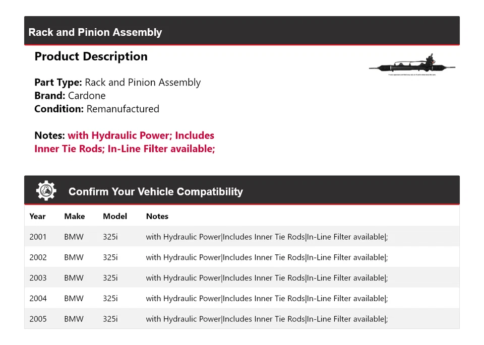 Conjunto de piñón y cremallera Cardone para BMW 325i 2001-2005 2002 2003 2004 Foto 2 de 4
