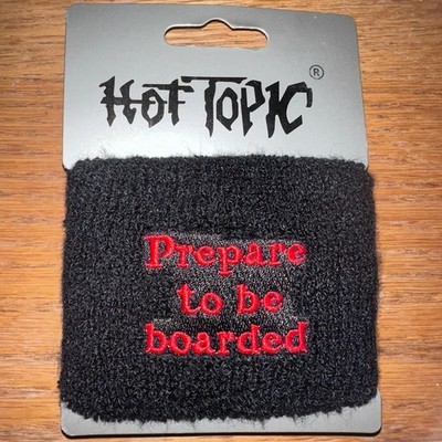 NOS Vintage Y2K Hot Topic Black Wide Wristband Embroidered Prepare To Be Boarded