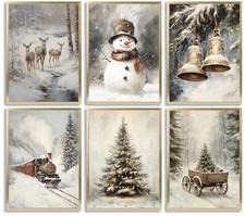 6pcs Retro Canvas Wall Art Tree Snowman Elk 10L" x 8W"-Posters Christmas