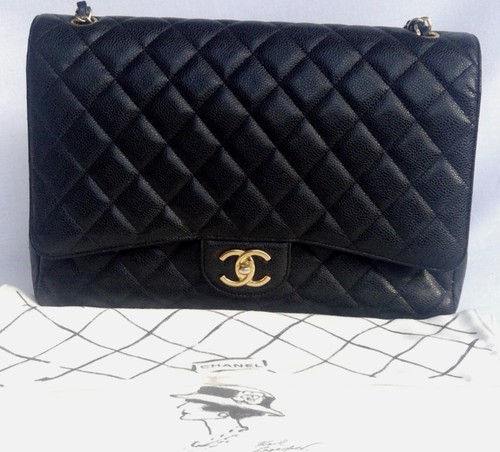 Chanel Authentic Black Caviar Maxi Jumbo Classic Double Flap Bag. Gold Hardware