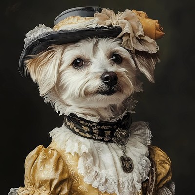 Ein kleiner weißer Hund in einem gelben Outfit im Vintage-inspiriert A1-A4 Poster Kunst P
