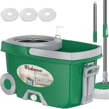 Dual Compartment Spin Mop and Bucket, Mop and Bucket with Wringer Set,360°Rot...