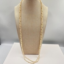 Vintage Long Faux Pearl Necklace Cream Gold Spacer Beads Double Layer Wrap 50"