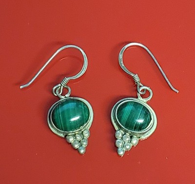 VTG 925 RB Running Bear Malachite 1.25in Earrings Sterling Silver 4g Cabochon