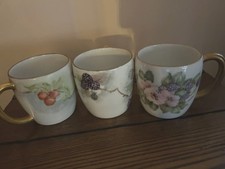 Set Of 3 Vintage Coffee Tea Mugs Floral Gold Handle Rynni Japan LV Handpainted