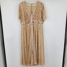 NWT Mac Duggal Champagne Sequin Beaded Midi Dress V-Neck Flutter Sleeve 14 Gala