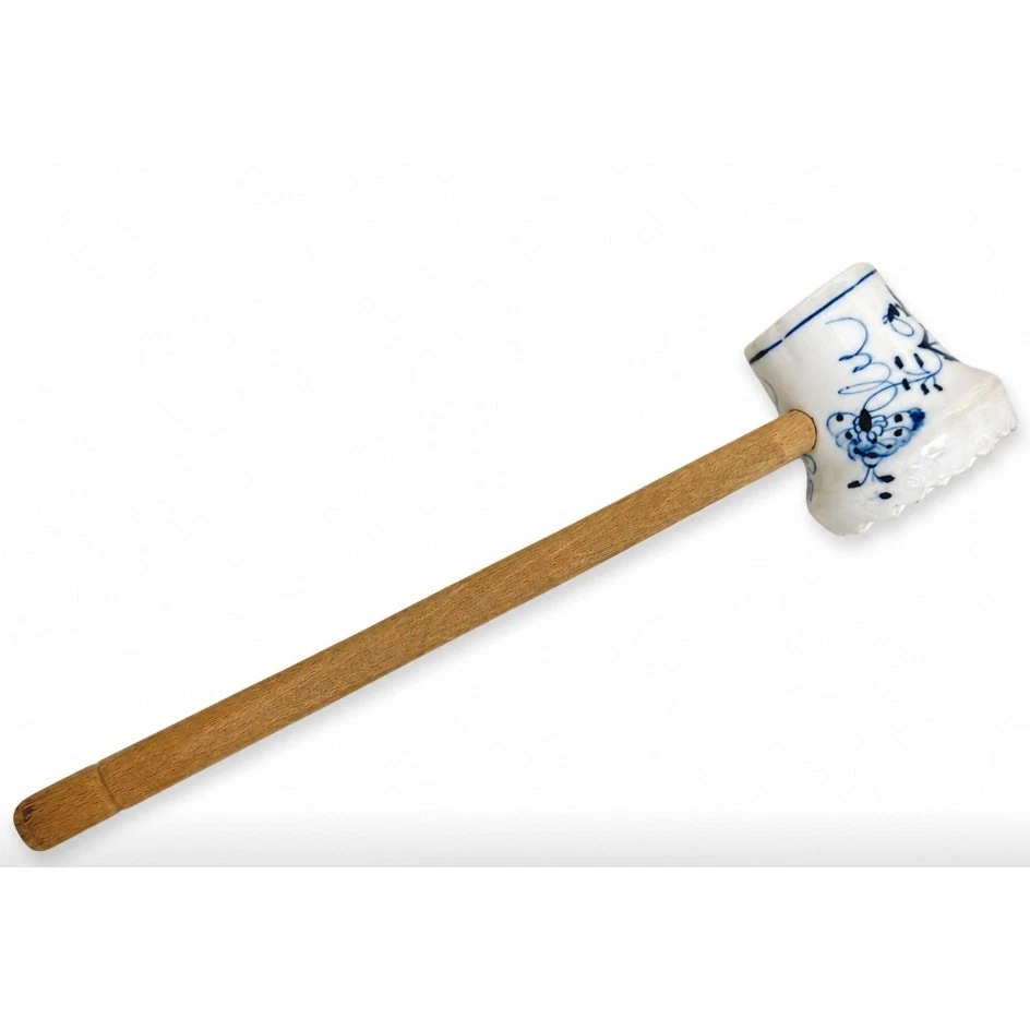 Vintage Blue Onion Porcelain Meat Tenderizer Mallet Wood Handle Kitchen Tool