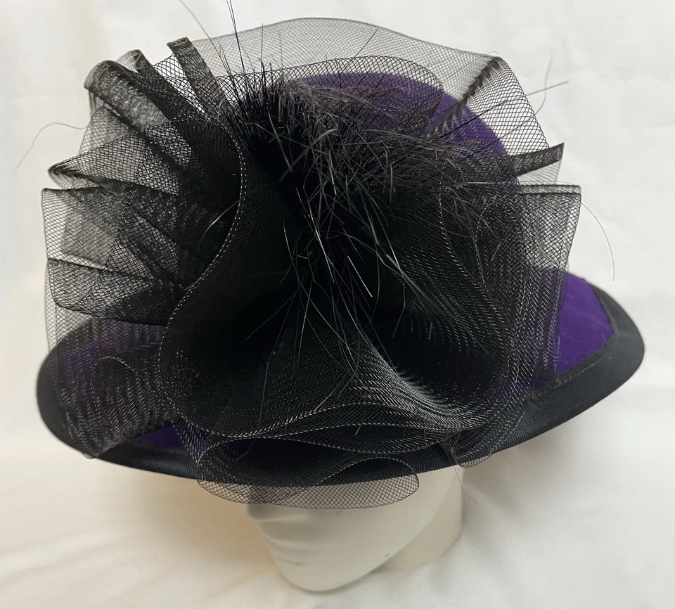 Vintage 60s Bollman Wool Hat OS Women’s Purple Felt Mesh Feather Accent Formal - Image 2 of 4
