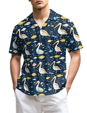 Pelican Fish Hawaiian Shirt Men Navy Blue Tropical Bird Aloha Beach Top