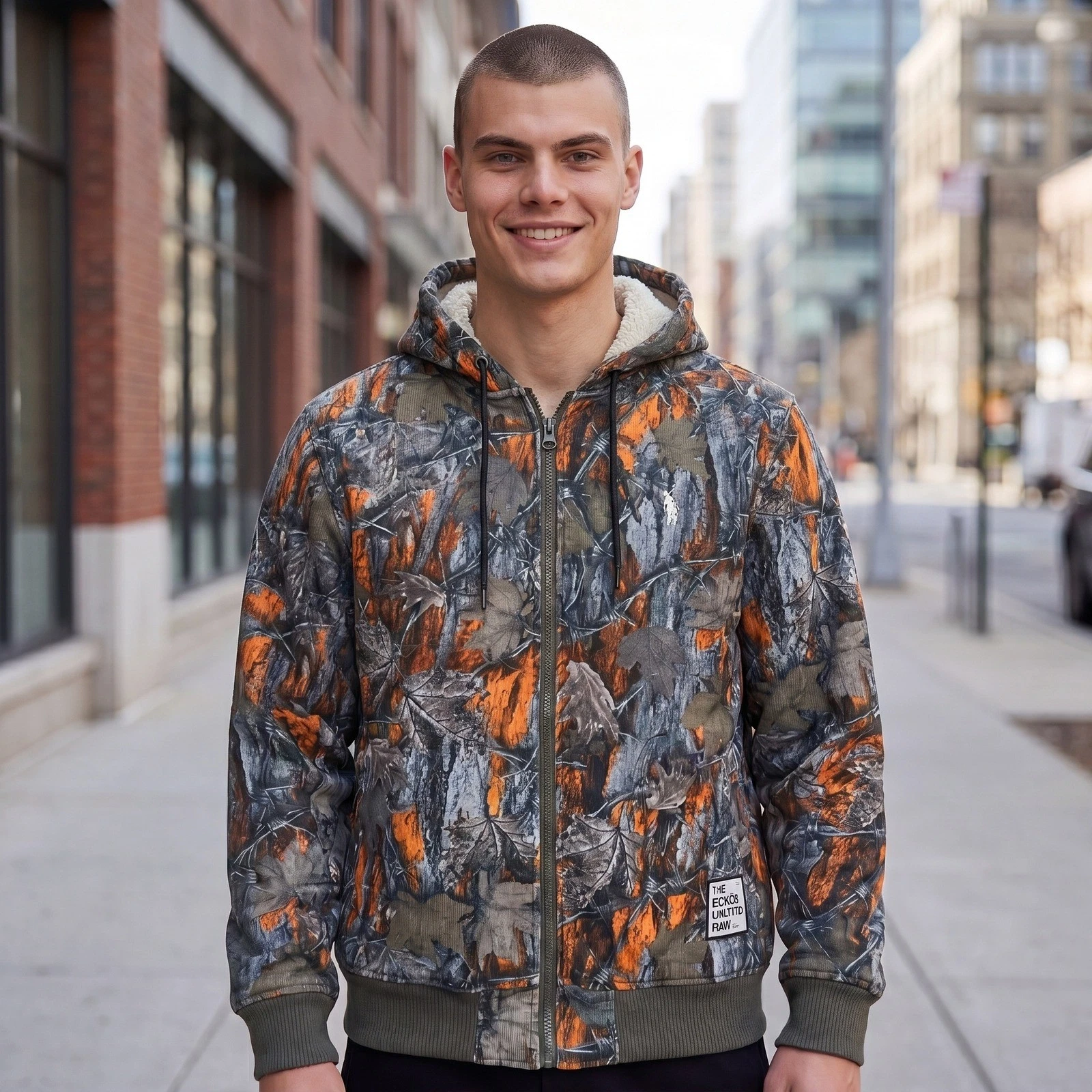 Ecko Unltd Mens Tangerine Woodland Camo Sherpa Lined Zip Hoodie EO350768 Medium