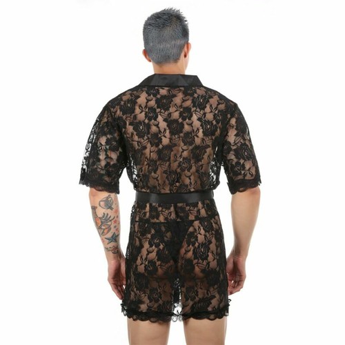 Hombres Vestido de Encaje Vestido Baño Sissy Ropa de Noche Ver a través de la Ropa Interior Pijama - Imagen 9 de 15